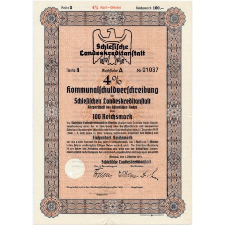 Schlesische Landeskreditanstalt. Reihe 3. 4% Kommunalschuldverschreibung 100 Reichsmark. Breslau / Wrocław 1.10.1941