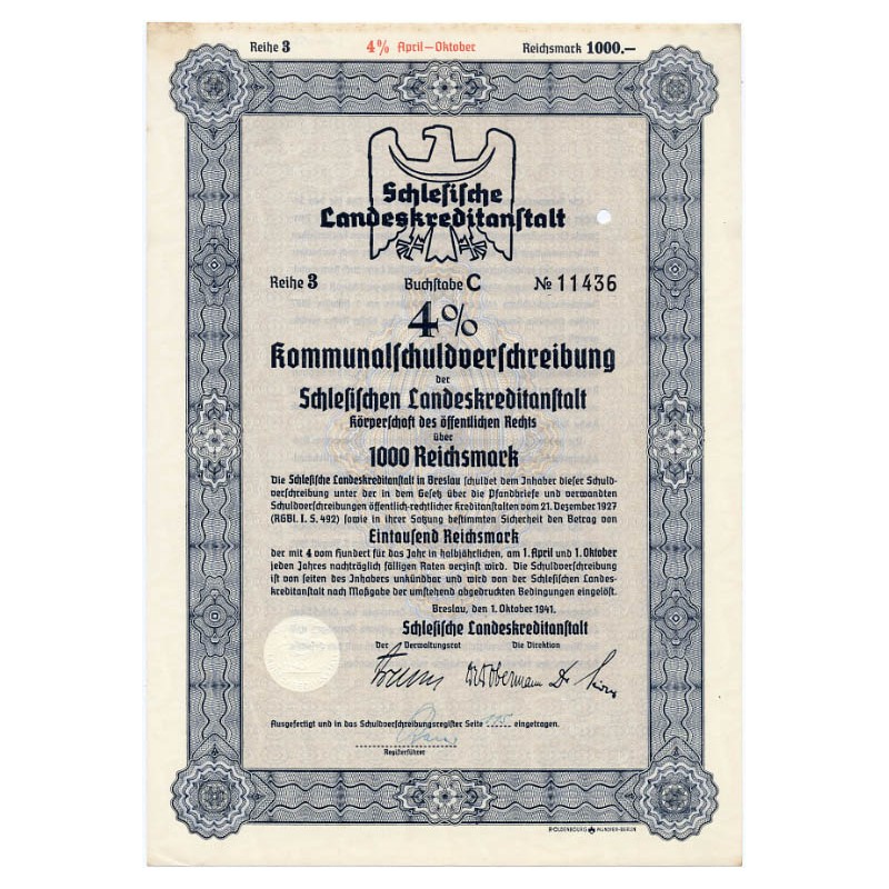 Schlesische Landeskreditanstalt. Reihe 3. 4% Kommunalschuldverschreibung 1000 Reichsmark. Breslau / Wrocław 1.10.1941