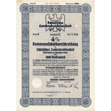 Schlesische Landeskreditanstalt. Reihe 3. 4% Kommunalschuldverschreibung 1000 Reichsmark. Breslau / Wrocław 1.10.1941