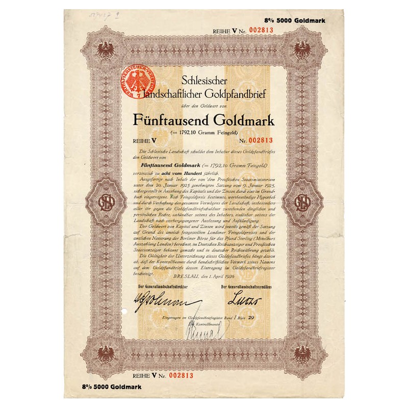 Schlesische Landschaft. Schlesischer landschaftlicher Goldpfandbrief. Reihe V. 8% 5000 Goldmark. Breslau / Wrocław 1.04.1926