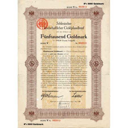 Schlesische Landschaft. Schlesischer landschaftlicher Goldpfandbrief. Reihe V. 8% 5000 Goldmark. Breslau / Wrocław 1.04.1926