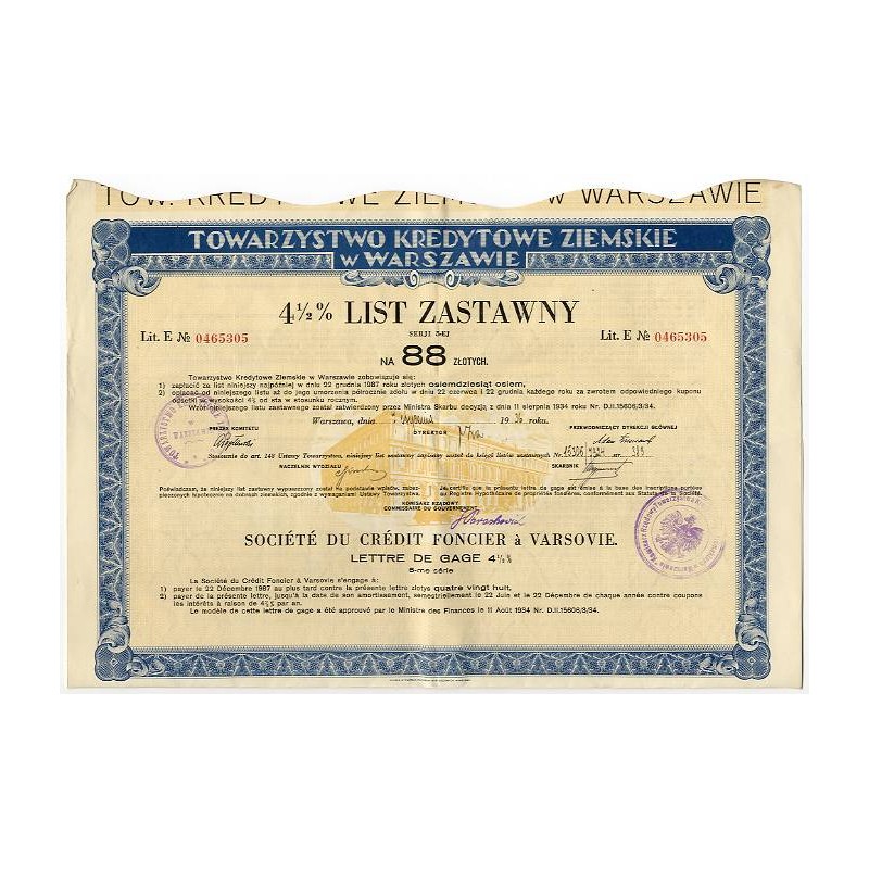 4,5% list zastawny na 88 zł Towarzystwa Kredytowego Ziemskiego w Warszawie. Seria V. Warszawa 7.01.1936