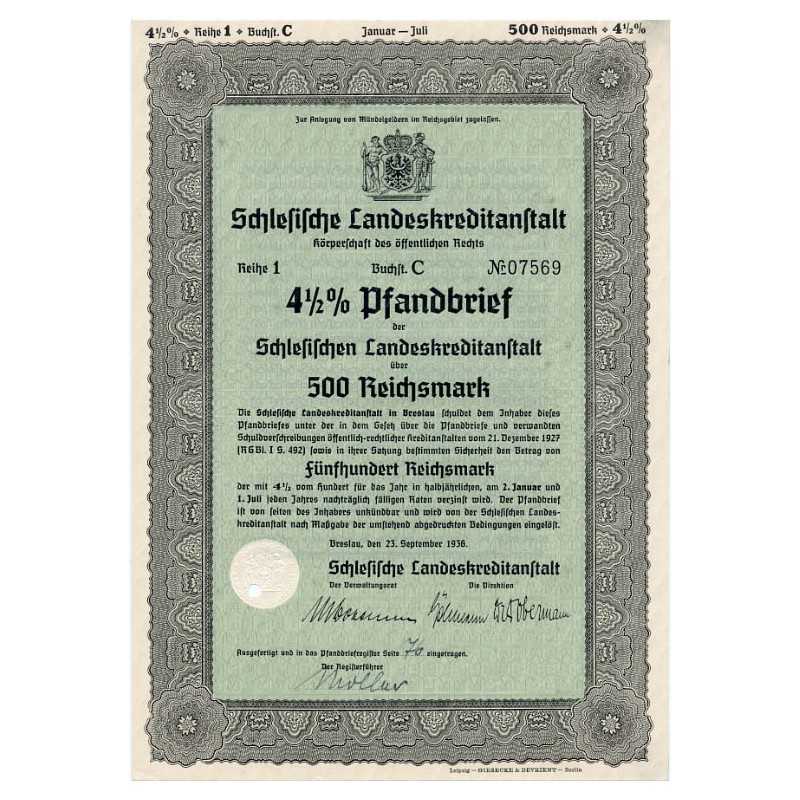 Schlesische Landeskreditanstalt. Reihe 1. 4,5% Pfandbrief 500 Reichsmark. Breslau / Wrocław 23.09.1936