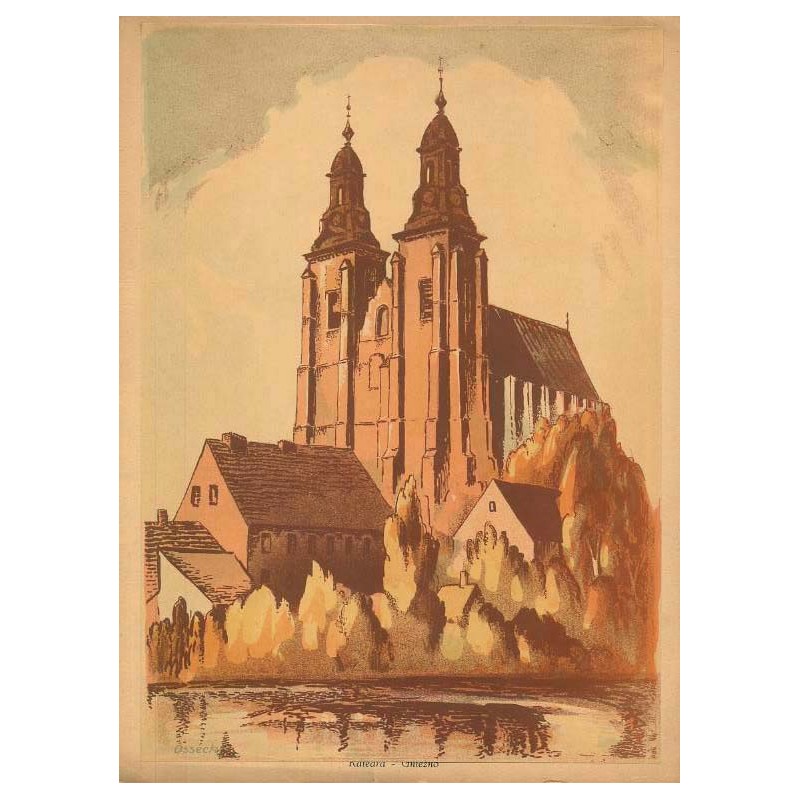 "Katedra - Gniezno" / "V. Katedra - Gniezno. Pierwotnie romańską katedrę rozbudowano [...]. Rys. na kamieniu Wilk Ossecki - Pozn