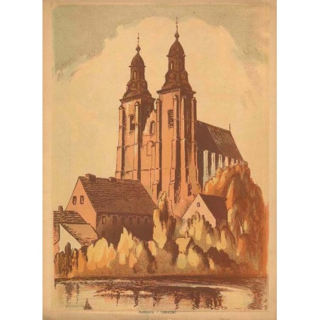 "Katedra - Gniezno" / "V. Katedra - Gniezno. Pierwotnie romańską katedrę rozbudowano [...]. Rys. na kamieniu Wilk Ossecki - Pozn
