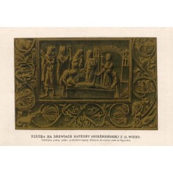 "RZEŹBA NA DRZWIACH KATEDRY GNIEŹNIEŃSKIEJ Z 12. WIEKU. Podobizna jednej postaci przedstawiającej złożenie do trumny ciała św. W