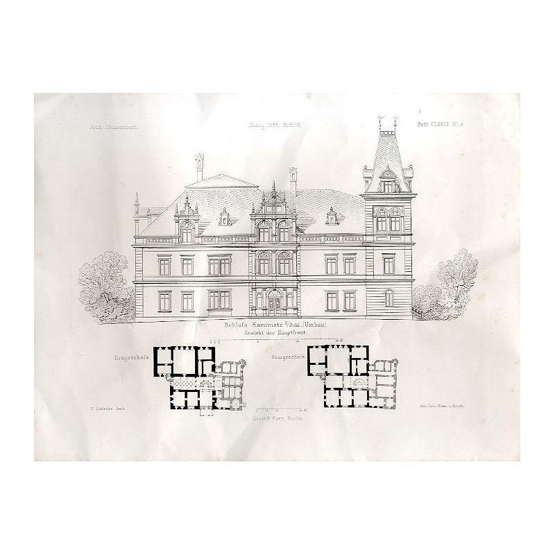 "Schloss Kaminietz O/Schl. (Umbau). Ansicht der Hauptfront. Erdgeschoss. Obergeschoss."