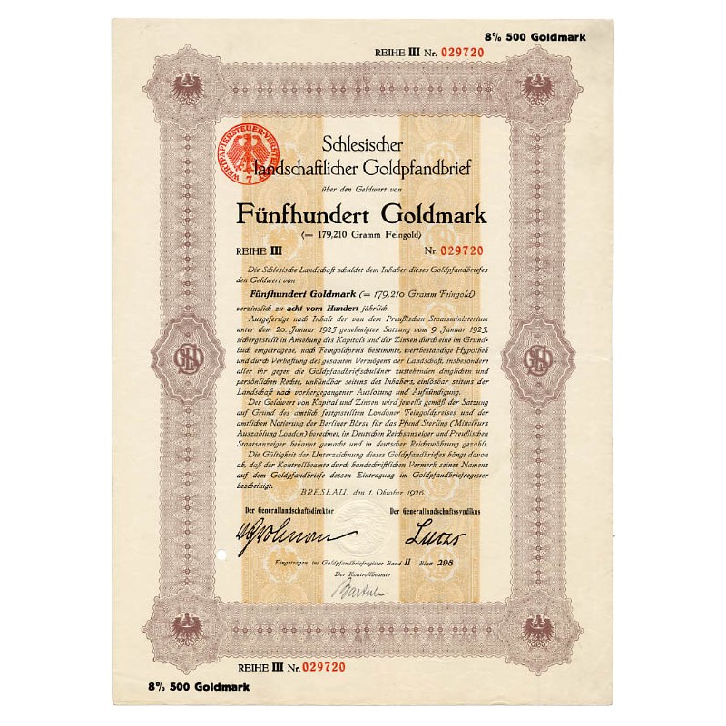 Schlesische Landschaft. Schlesischer landschaftlicher Goldpfandbrief. Reihe III 8% 500 Goldmark. Breslau Wrocław / 1.10.1926