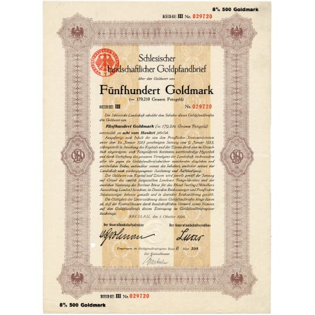 Schlesische Landschaft. Schlesischer landschaftlicher Goldpfandbrief. Reihe III 8% 500 Goldmark. Breslau Wrocław / 1.10.1926