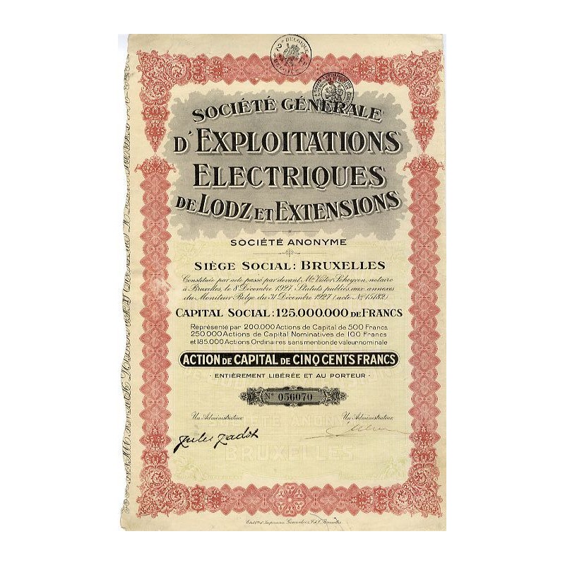 Łódzkie Towarzystwo Elektryczne S.A. Akcja 500 franków Bruksela 31.12.1927 / "SOCIÉTÉ GÉNÉRALE D'EXPLOITATIONS ELECTRIQUES DE LO