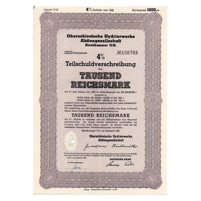 Oberschlesische Hydrierwerke AG Blechhammer O/S. 1000 Reichsmark 4%. Blechhammer O/S. Dezember 1942