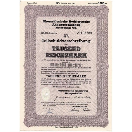 Oberschlesische Hydrierwerke AG Blechhammer O/S. 1000 Reichsmark 4%. Blechhammer O/S. Dezember 1942