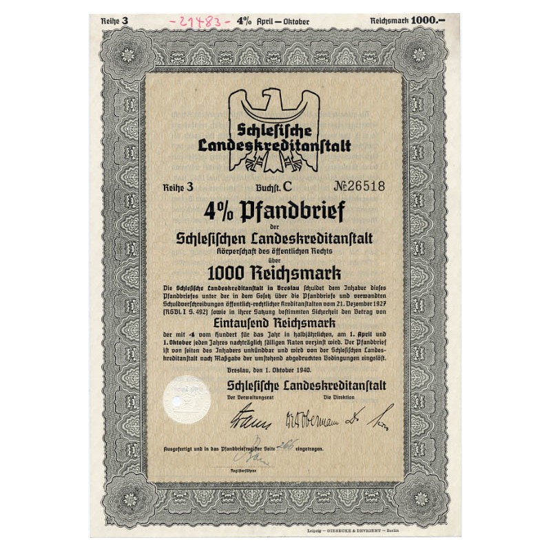 Schlesische Landeskreditanstalt. Reihe 3. 4% Pfandbrief 1000 Reichsmark. Breslau / Wrocław 1.10.1940