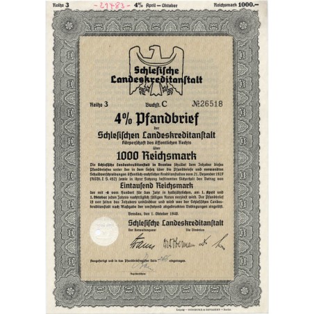Schlesische Landeskreditanstalt. Reihe 3. 4% Pfandbrief 1000 Reichsmark. Breslau / Wrocław 1.10.1940