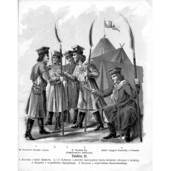 "Tablica 12. 1. Kosynier z okolic Krakowa. 2. i 3. Żołnierze z gwardyi municypalnej miasta Krakowa uzbrojeni w karabiny. 4. Kosy