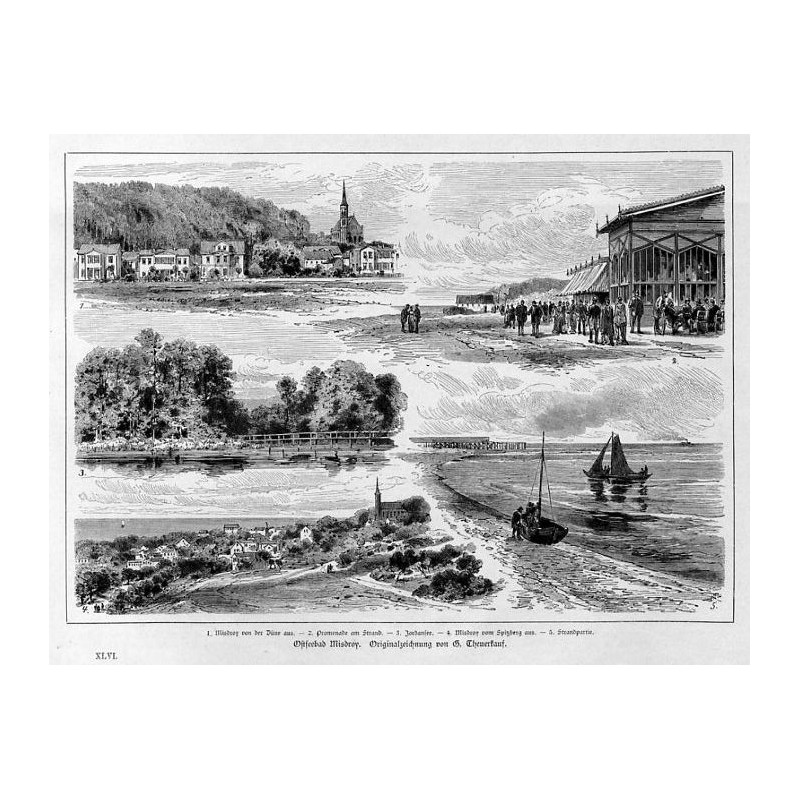 "Ostseebad Misdroy. Originalzeichnung von G. Theuerkauf. 1. Misdroy von der Düne aus. - 2. Promenade am Strand. - 3. Jordansee.