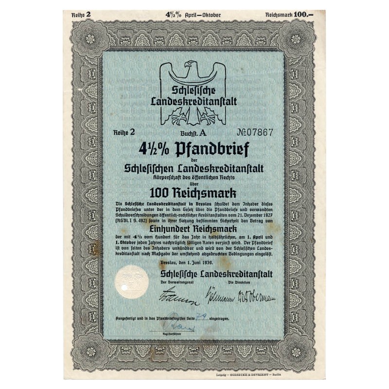 Schlesische Landeskreditanstalt. Reihe 2. 4,5% Pfandbrief 100 Reichsmark. Breslau / Wrocław 1.06.1939