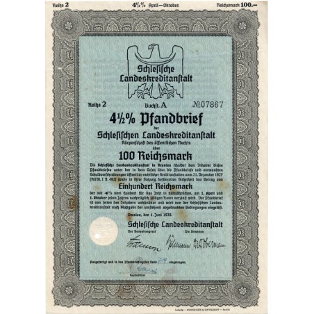 Schlesische Landeskreditanstalt. Reihe 2. 4,5% Pfandbrief 100 Reichsmark. Breslau / Wrocław 1.06.1939
