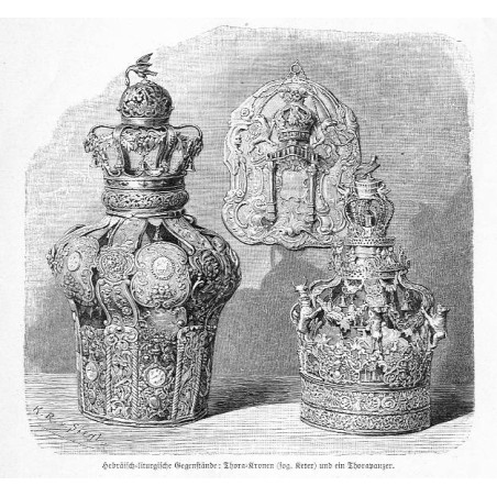 "Hebräischliturgische Gegenstände: ThoraKronen (sog. Keter) und ein Thorapanzer." / "Hebräischliturgische Gegenstände: Thora