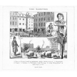 "1. Targ za "Żelazną bramą" na ogrodowizny, kwiaty i drobny przemysł. 2. Straganiarka. 3. Tragarz. 4. Handlarz. 5. Włościanin z