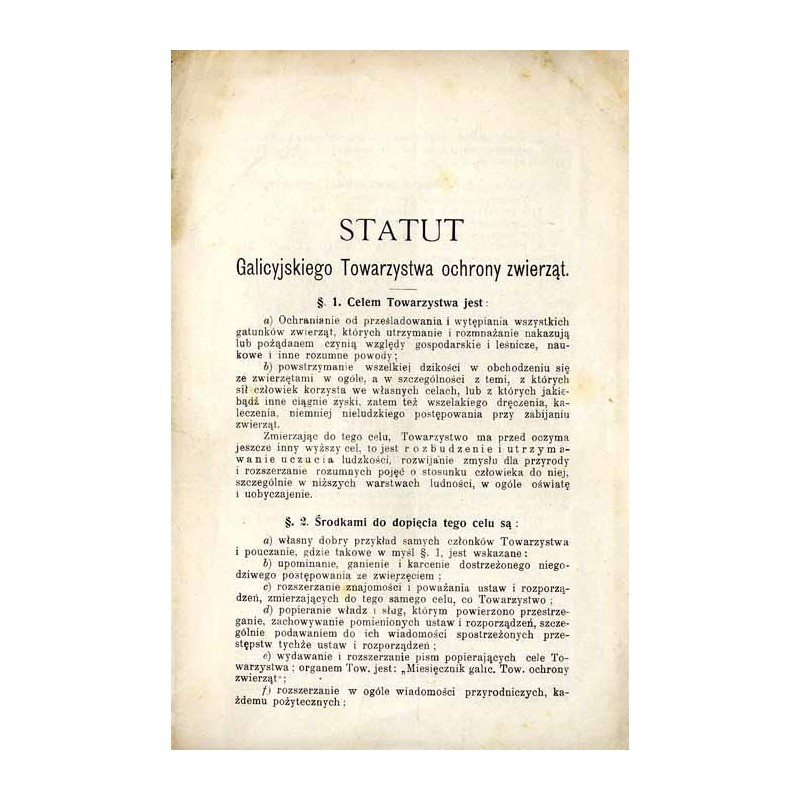 Statut Galicyjskiego Towarzystwa ochrony zwierząt
