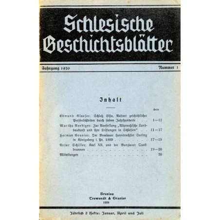 Schlesische Geschichtsblätter. Mitteilungen des Vereins für Geschichte Schlesiens. 1939. Nr 1 [Januar] / Wrocław-Leśnica  Deuts