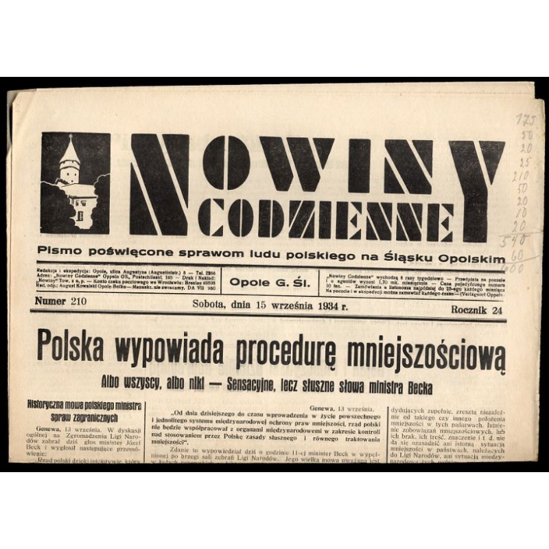 Nowiny Codzienne. Pismo poświęcone sprawom ludu polskiego na Śląsku Opolskim. R.24 (1934). Nr  210 (15 września 1934)