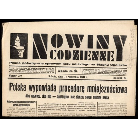 Nowiny Codzienne. Pismo poświęcone sprawom ludu polskiego na Śląsku Opolskim. R.24 (1934). Nr  210 (15 września 1934)