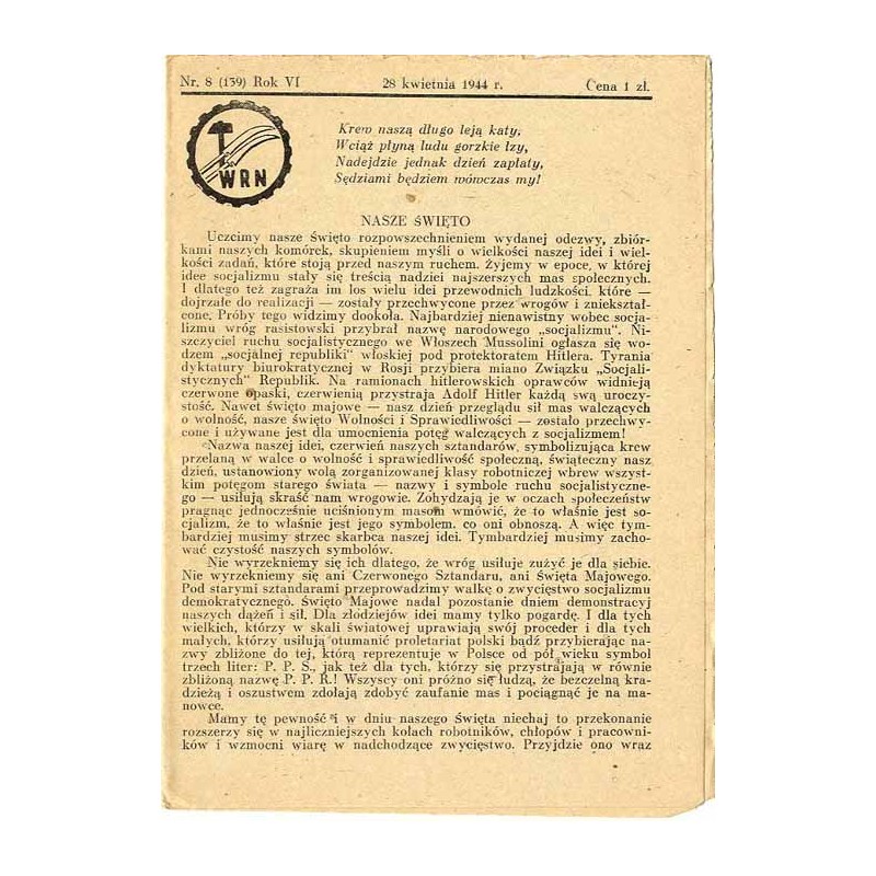 WRN [Wolność Równość Niepodległość]. R. 6 (1944). Nr 8 (139) (28 kwietnia 1944)
