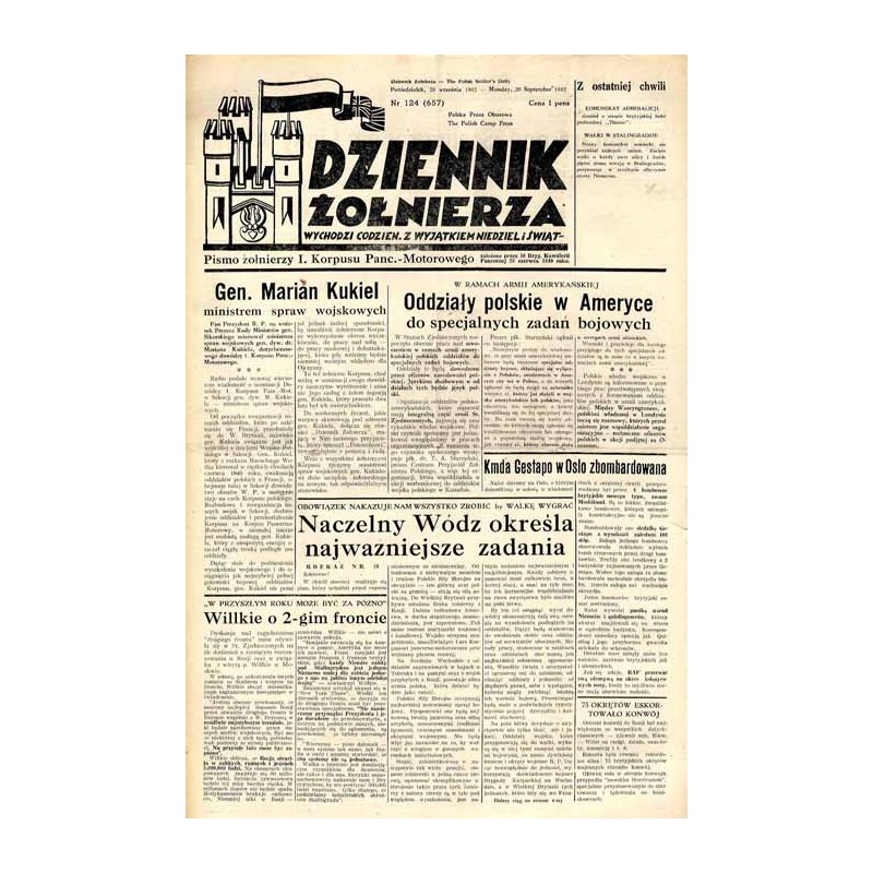 Dziennik Żołnierza. [...] Pismo żołnierzy I. Korpusu Panc.-Motorowego. R.3 (1942). Nr 124 (657) (28 września 1942) / Gen. Marian
