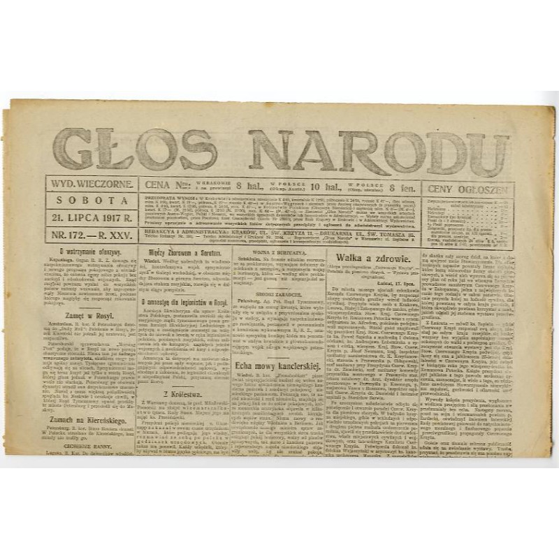 Głos Narodu. R.25 (1917). Nr 172 (21 lipca 1917). Wydanie wieczorne