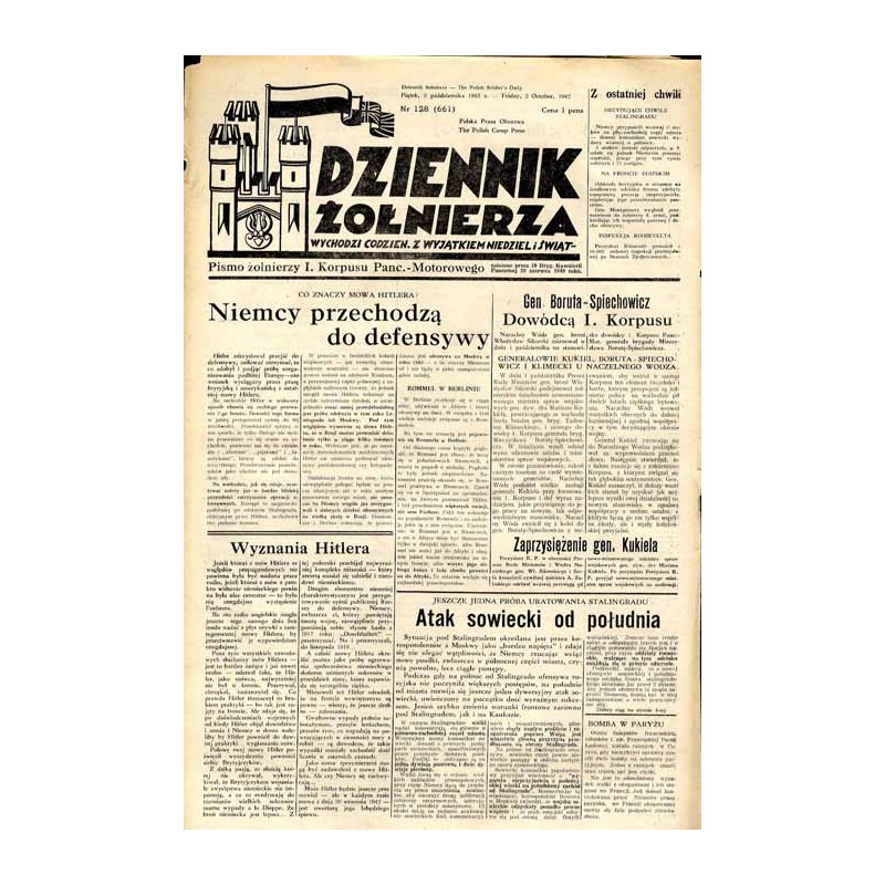 Dziennik Żołnierza. [...] Pismo żołnierzy I. Korpusu Panc.-Motorowego. R.3 (1942). Nr 128 (661) (2 października 1942) / Gen. Bor