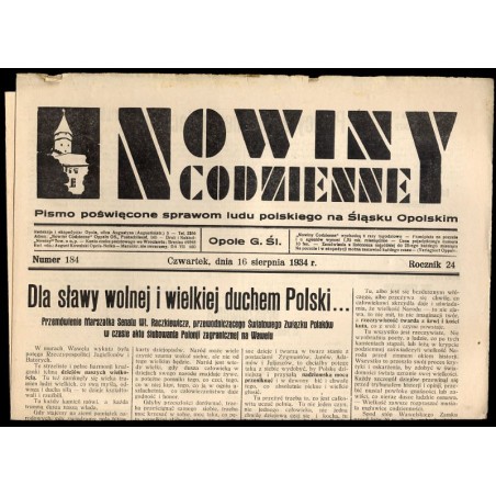 Nowiny Codzienne. Pismo poświęcone sprawom ludu polskiego na Śląsku Opolskim. R.24 (1934). Nr 184 (16 sierpnia 1934)