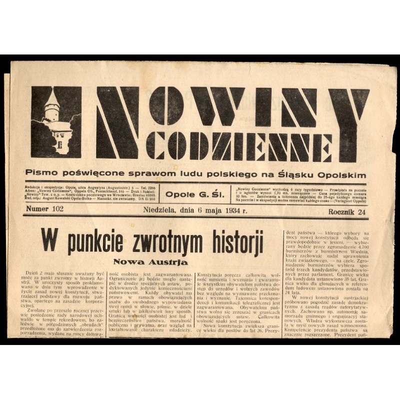 Nowiny Codzienne. Pismo poświęcone sprawom ludu polskiego na Śląsku Opolskim. R.24 (1934). Nr 102 (6 maja 1934)