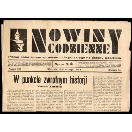 Nowiny Codzienne. Pismo poświęcone sprawom ludu polskiego na Śląsku Opolskim. R.24 (1934). Nr 102 (6 maja 1934)