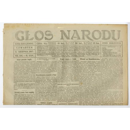 Głos Narodu. R.25 (1917). Nr 188 (9 sierpnia 1917). Wydanie wieczorne