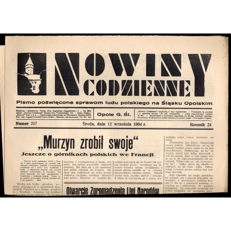 Nowiny Codzienne. Pismo poświęcone sprawom ludu polskiego na Śląsku Opolskim. R.24 (1934). Nr 207 (12 września 1934)