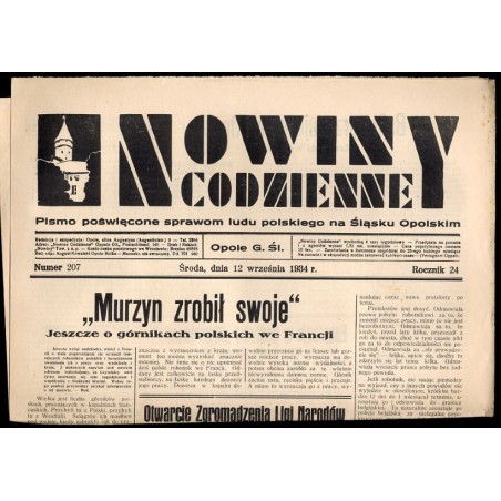 Nowiny Codzienne. Pismo poświęcone sprawom ludu polskiego na Śląsku Opolskim. R.24 (1934). Nr 207 (12 września 1934)