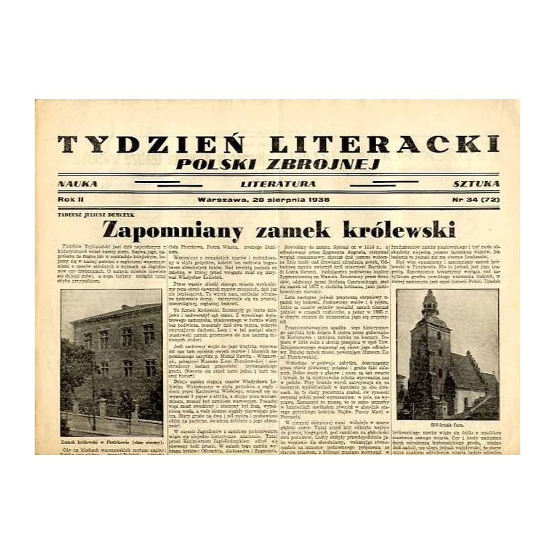 Tydzień Literacki Polski Zbrojnej. Nauka-literatura-sztuka. R.2 (1938). Nr 34 (72) (28 sierpnia 1938) / Piotrków Trybunalski / U