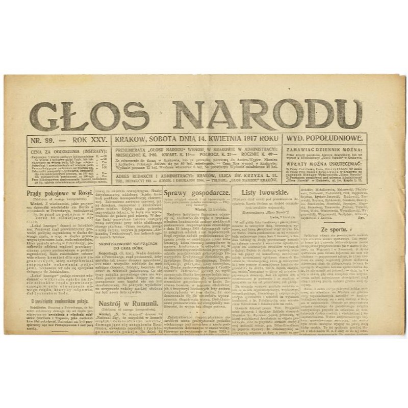 Głos Narodu. R.25 (1917). Nr 89 (14 kwietnia 1917). Wydanie popołudniowe