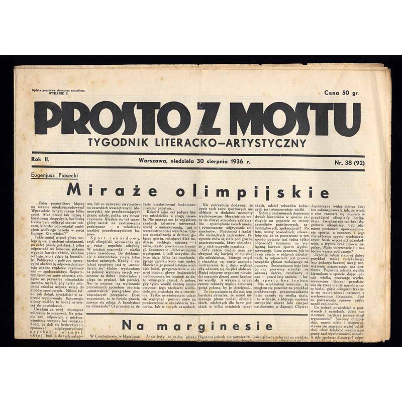 Prosto z Mostu. Tygodnik literacko-artystyczny. R.2 (1936). Nr 38 (92) (30 sierpnia 1936)