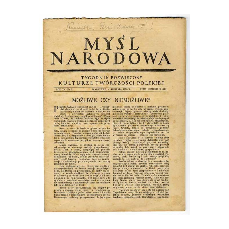 Myśl Narodowa. Tygodnik poświęcony kulturze twórczości polskiej. R.15 (1935). Nr 32 (4 sierpnia 1935)