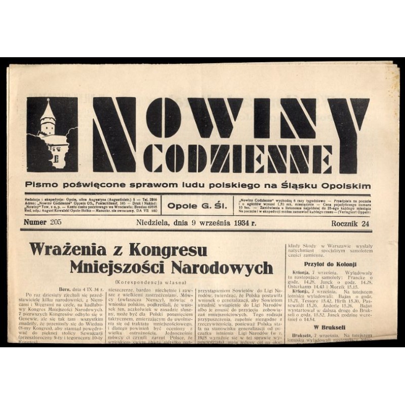 Nowiny Codzienne. Pismo poświęcone sprawom ludu polskiego na Śląsku Opolskim. R.24 (1934). Nr 205 (9 września 1934)