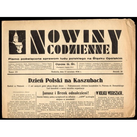 Nowiny Codzienne. Pismo poświęcone sprawom ludu polskiego na Śląsku Opolskim. R.26 (1936). Nr 211 (13 września 1936)