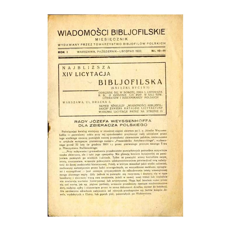 Wiadomości Bibljofilskie. Miesięcznik wydawany przez Towarzystwo Bibjofilów Polskich. R.1 (1932). Nr 10-11 (październik-listopad