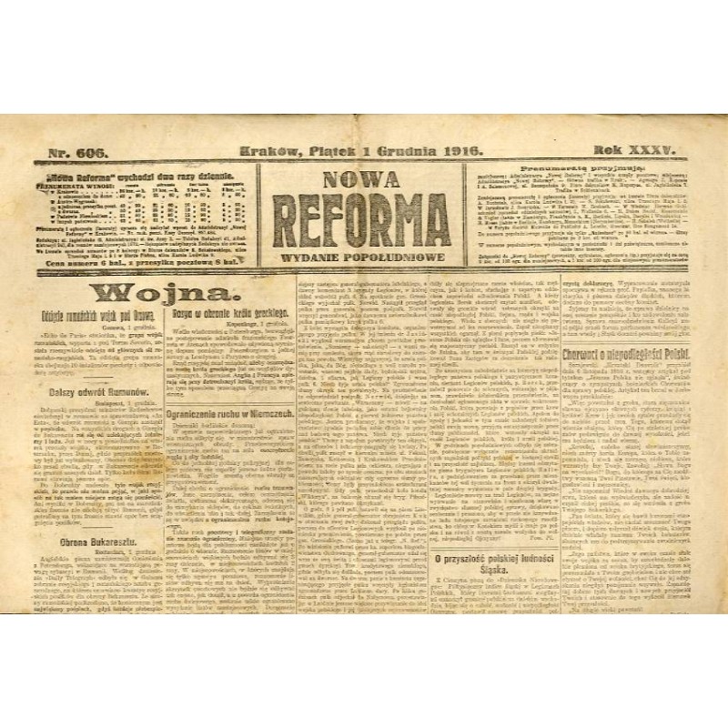 Nowa Reforma. R.35 (1916). Nr 606 (1 grudnia 1916). Wydanie popołudniowe