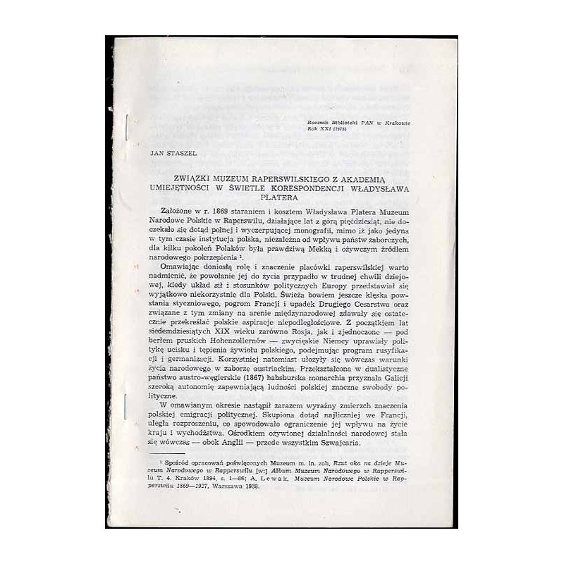 Związki Muzeum Raperswilskiego z Akademią Umiejętności w świetle korespondencji Władysława Platera