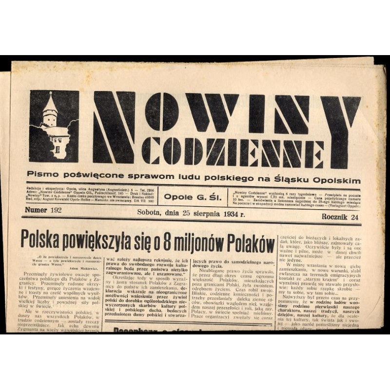 Nowiny Codzienne. Pismo poświęcone sprawom ludu polskiego na Śląsku Opolskim. R.24 (1934). Nr 192 (25 sierpnia 1934)