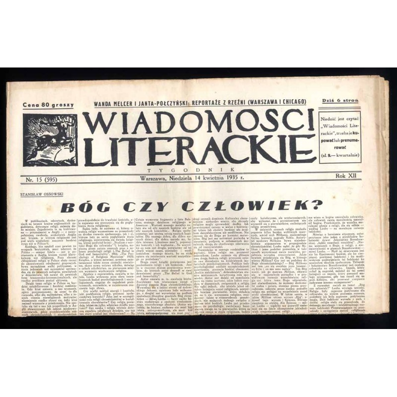 Wiadomości Literackie. Tygodnik. R.12 (1935). Nr 15 (595) (14 kwietnia 1935)