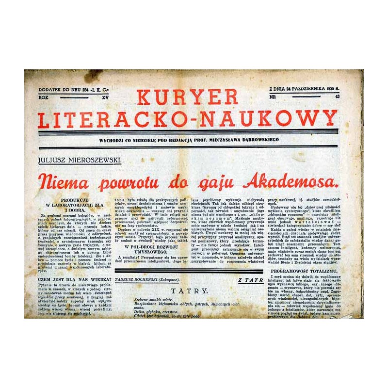 Kuryer Literacko-Naukowy. R.15 (1938). Nr 43 (24 października 1938)
